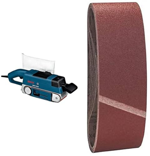 Bosch Professional GBS 75 AE Set + Koffer + 10tlg. Schleifband-Set X440 Best for Wood and Paint (Holz und Farbe, 75 x 533 mm, Körnung 80, Zubehör für Bandschleifer)