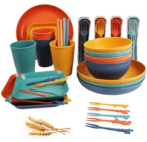 Yuanlne Camping Geschirr Set, 52 Stück Unzerbrechliches Wiederverwendbar picknick set für 4 Personen Picknickgeschirr, Leicht, Geschirrsets aus Kunststoff mit Schüssel, Teller, Esslöffel, Essgabel