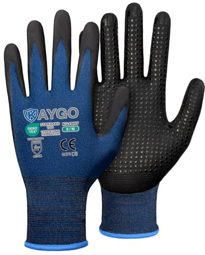 KAYGO Work Gloves MicroFoam Nitrile Coated KG19NB, Seamless Knit Nylon Safety Work Gloves with Micro Dots on palm, Ideal for General Purpose,Automotive,Home Improvement,Painting(3, M)