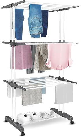 Vonia Torre di asciugatura 72 x 50 x 172 cm - Stendibiancheria a 3 strati - Torre di lavanderia - Torre di essiccazione - Torre di lavaggio - Stenditoio - Pieghevole (Bianco)