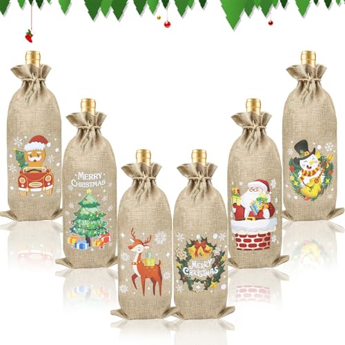 6 stycken julpresentpåsar, flaskpåsar, jute-vinpåsar, återanvändbara flaskpåsar med dragsko, perfekt för förvaring av vin, julgodis till fester, födelsedagar