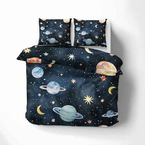 ZyxMehtic Weltraum Galaxie Bettwäsche 135x200 2teilig, Junge Kind Bettwäsche-Set 135x200, Weich Mikrofaser Wende 1 Bettbezüge 135x200 und 1 Kissenbezug 80x80cm mit Reißverschluss