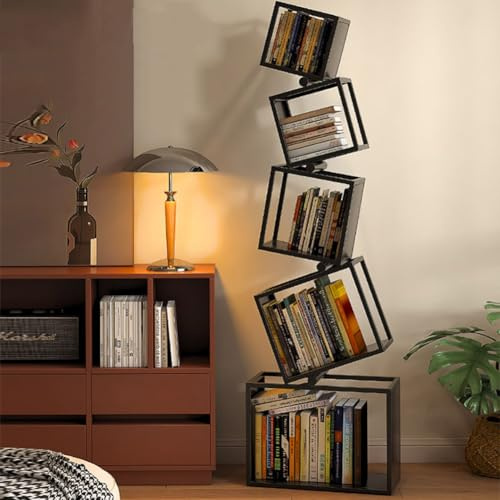 Eqvexd Etagere Bookcase,Unique 5-Tier 72” Tall Bookshelf,Modern Geometric Bookcases Cool Metal Book Shelf,Corner Bookshelf for Bedroom, Living Room,Home Office,Black-185 * 55 * 25cm/72 * 21.6 * 9.8in