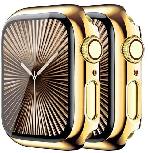 HANKN 2 Stück Hart Hülle für Apple Watch Series 11 10 42mm Temperierte Glas Schutzhülle, Plattiert Bildschirmschutz Gehäuse iWatch Eingebaut Displayschutzfolie, 42 mm Gold+Gold