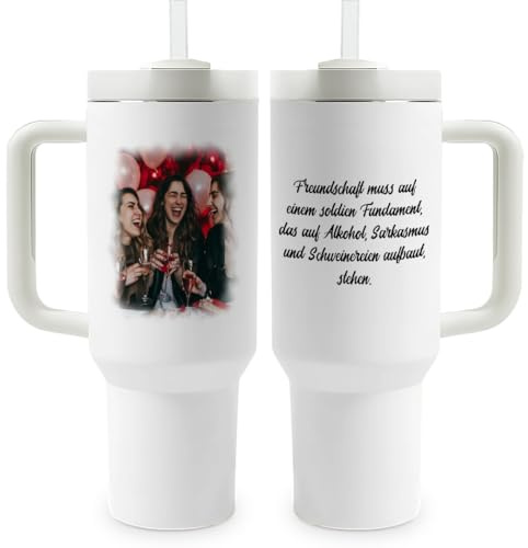 Thermobecher 1,2L personalisiert mit Strohhalm & Griff – Großer Edelstahl Kaffeebecher To Go, Isolierbecher mit Deckel, Mehrweg Trinkbecher für unterwegs, Becher mit Text und Foto personalisierbar