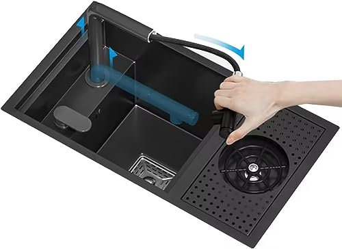 CWCQGH Unterputzspüle mit Einzelbecken und Unterlegscheibe, Schwarze Küchenspüle aus Edelstahl, Arbeitsplatte, Einbauwaschbecken, Spüle, Bartheke, kleines Einzelfach mit Abdecku(60cm Black)