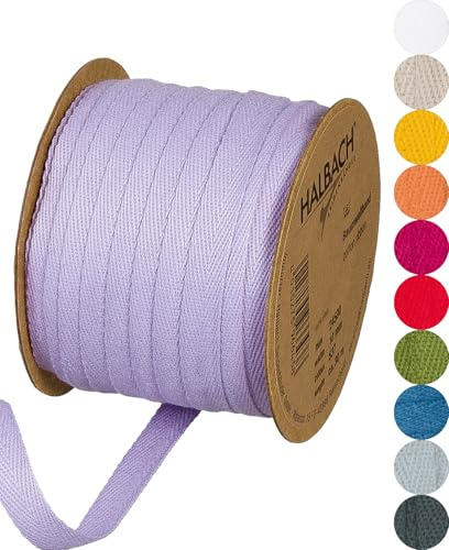 Halbach Sidenband bomullsband | 10 mm x 30 m | vävband 100% bomull | Band för pyssel som metervara | tygband för dekorationer, gör-det-själv-hantverk, snedband sömnadsarbeten, färg: lavendel
