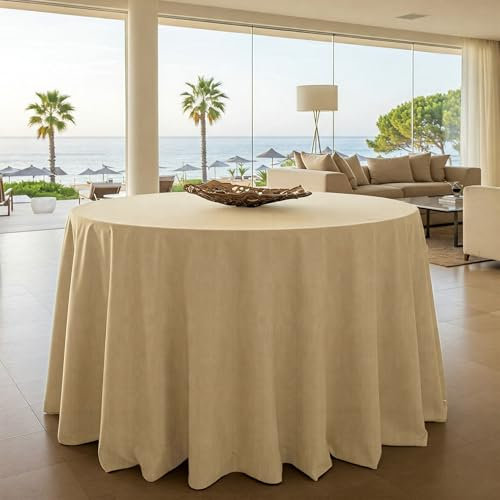 BLUZIMAN Falda Mesa Camilla Redonda 80 Hecho en España 100%, Ropa Camilla con Bordón, Enaguas Enaguillas Faldillas Mesa Camilla Premium (Diámetro Mantel 230cm, para Mesas de 80cm, Beige Dorado)