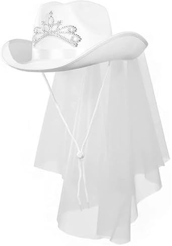 Pesoncarl Braut Cowgirl Hut, weiße Junggeselle Cowgirl Hüte mit Schleier, Cowboy Outfits für Frauen Bachelorette Party Dekorationen, Brautduschenvorräte, Verlobungszubehör