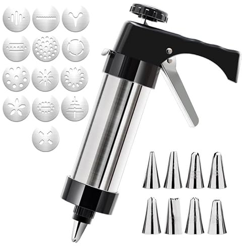 Cookies Press Gun Set, Stainless Steel Biscuit Press with 13 Stencils and 8 Nozzles Cookies Decorating Kit Baking Tool for DIY Cookies Baking, Cake Decorating