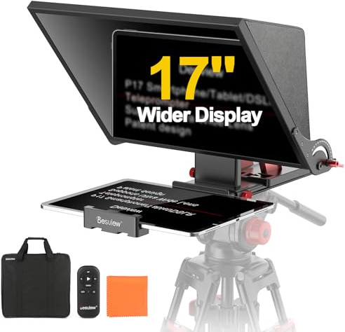 Desview Teleprompter P17 - Teleprompter de aleación de aluminio con funda de transporte, compatible con cámaras DSLR, videocámaras, teléfonos inteligentes y tabletas para grabación de video