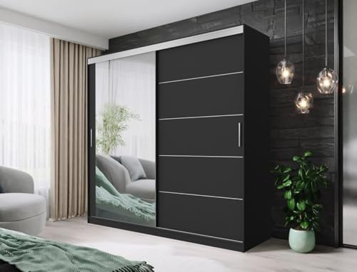 AOF-IBIZA Sliding Mirror Door Wardrobe – Modern Bedroom Closet with Shelves, Hanging Rails & Drawers – Available in 100–120-150-180-203 and 250cm – White, Grey, Oak, or Black (Black, 150cm)