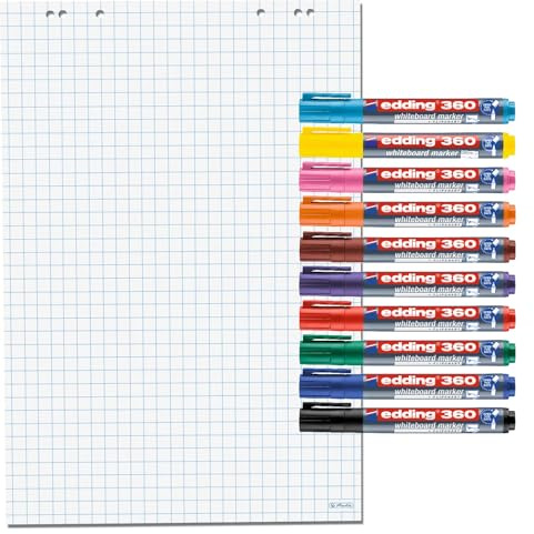 Herlitz Flipchartblock 65 x 98cm 20 Blatt, 80g/m² FSC Mix (10 Blöcke kariert + 10 Marker)