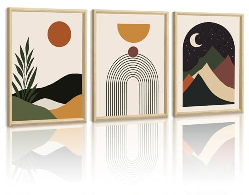 WENGTIAO Stampa su Tela Incorniciata Boho Astratto Geometrico Colorate | Minimalista Montagne Sole e Luna Pittura Quadri Moderni Soggiorno Camera da Letto Corridoio Decorazioni Parete 30x40cmx3