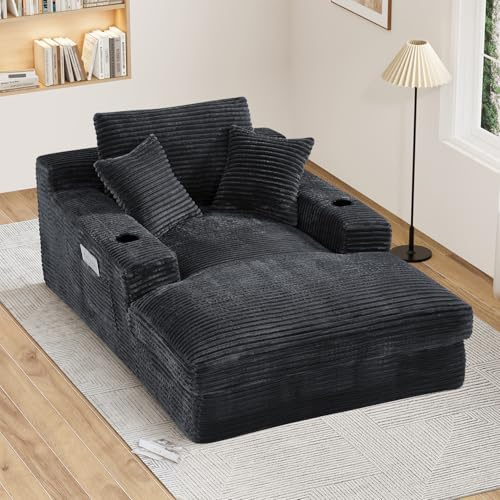 DAMAIFROM Oversized Chaise Lounge Chair Indoor with Cup Holders & Side Pocket, 50 W x 76 D Plush Corduroy 30D High Density Sponge Boneless Chair with 2-Layer Sponge Comfy Reading Chair- Dark Grey
