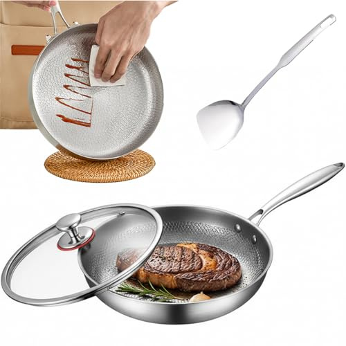 Genérico Sarten Titanio Puro Antiadherente, Sarten De Titanio Martillado Pro Con Tapa, Resistente a Los Arañazos, Calentamiento Rápido y Compatibilidad Universal Con Todo Tipo De Cocinas (20cm)