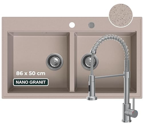 SINK QUALITY Évier double en granit, beige, avec robinet, 86 x 50 cm, double évier, avec siphon et agent imperméabilisant, 2 bacs, meuble bas à partir de 85 cm