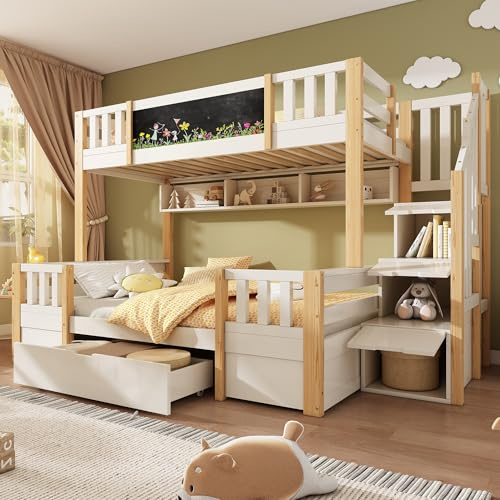 TOBIDOEN Letto a castello, 90 x 200/140 x 200 cm, per 2-3 bambini, lavagnetta per dipingere, scala di stoccaggio + scaffalatura + 2 cassetti a rotelle, robusto letto a soppalco con doghe in legno