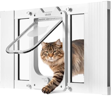 VEVOR Katzenklappe Katzentür Anpassbar an Fensterbreiten (584-711 mm), Wetterfeste Haustiertür mit 4 sicheren Verriegelungsmodi & Aluminiumrahmen & Hochtransparentem Glas & Magnetverschluss, Weiß