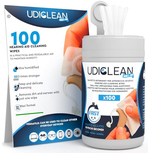 100 Udiclean Roll-Up Hearing Aid Cleaning Wipes – with a Resealable Moisture-Sealing Dispenser – Extra Large Durable Wipes for Removing Earwax and Dirt Quick Drying