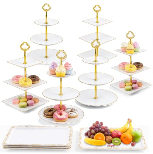 Afeeler 10PCS Cupcake Stand Set, 3 Tier Dessert Display Stands with 3 Round & 3 Square Stands, 4 Serving Trays, White & Gold Dessert Table Display for Wedding, Birthday, Baby Shower & Party