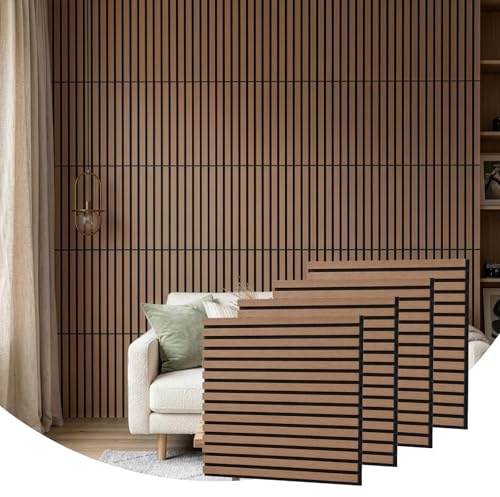 Wooden Acoustic Wall Panels 4 Pack 60x60 cm (1,44m²) Sound Proofing Panels Wood Slat Panelling with Sound Absorbing Felt Backing Easy DIY for TV Feature Wall Living Room Bedroom Office (Walnut)