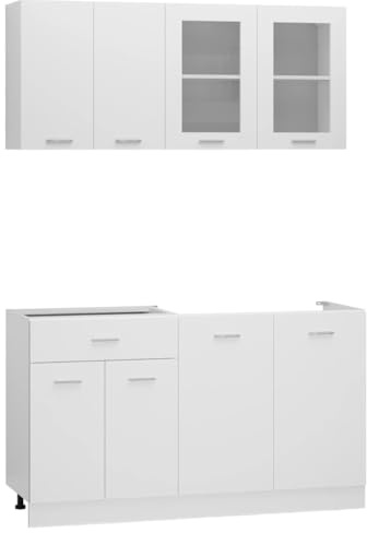 Mhdvray Set di 4 mobili da cucina Lyon bianco, moderno mobile da cucina in legno e vetro, set di mobili da cucina con mobiletto sottolavello, pensile e mobiletto da cucina