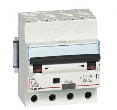 Legrand 411214 Disjoncteur différentiel monobloc DX³6000 10kA arrivée haute automatique départ bas à vis, 4P, 400V, 32A typeA, 30mA