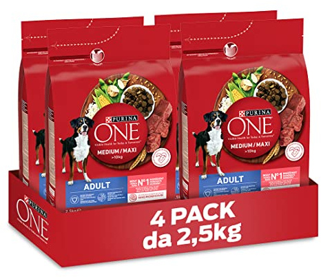 PURINA ONE Medium Maxi Crocchette per Cani Adulti con Manzo e Riso 4 Sacchi da 2.5kg
