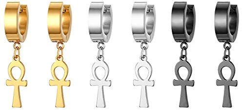 JewelryWe Schmuck 3 Paare Herren Ohrringe Set Edelstahl Creolen Huggie Ohr Manschette Ohrstecker Ohrpiercing mit Ankh Kreuz, Quader und Baseballschläger Anhänger Unisex gold/schwarz/silber