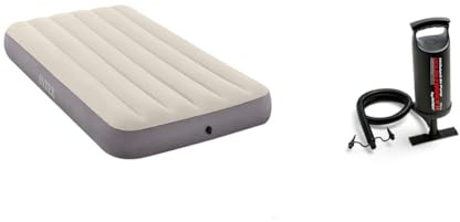 Intex Twin Dura-Beam Series Single High Luftbett, Taupe/Grey, 99 x 191 x 25 cm & Double Quick 2 Hand Pumpe - Luftpumpe - 36 cm - Mit 3 Düsenaufsätze