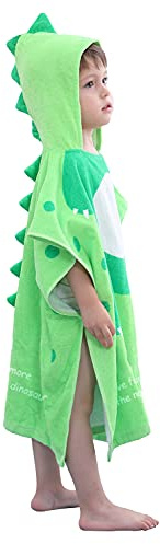 LOLANTA Kinder Badeponcho Dinosaurier mit Kapuze, 100% Baumwolle, Weiches Kapuzenhandtuch mit Druckknöpfen（Grün A, 2-4 Jahre, S
