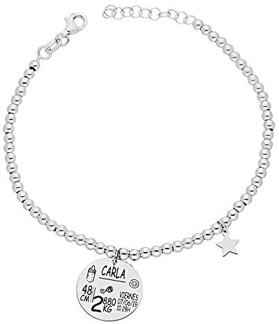 doble aro - Pulsera de Nacimiento en Plata de Ley - Graba los datos de Nacimiento de tu Bebé - Ideal para la mejor mamá (Modelo Baby 2, Plata de Ley)