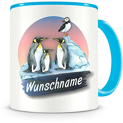 Samunshi® Kindertasse mit Namen Tasse Pinguine Personalisierte Tasse mit Namen Kinder Kinderbecher personalisierter Text Wunschtext Kindergarten blau 300ml