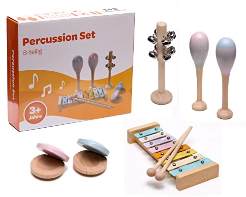 Das bunte Kinder-Percussion-Set, Kinder Instrumente, 8-teilg aus Holz bestehend aus Glockenspiel, Kastagnetten, Maracas u.a. - für die musikalische Früherziehung/Orff-Instrumente