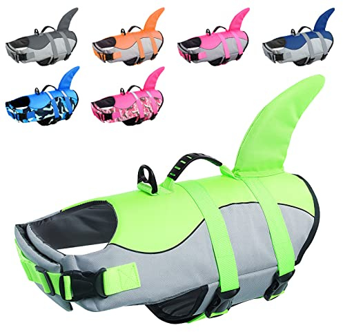 CITÉTOILE Salvagente per Cane, Giubbotto Salvagente per Cani, Ripstop Regolabile Squalo Giubbotto di salvataggio, Leggero e Sicuro per Gli Sport Acquatici, verde, XS