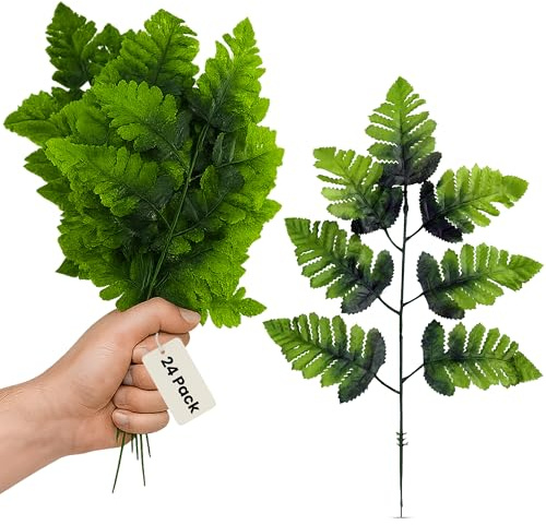 Iconikal 24-Pack Artificial Silk Leather Leaf Fern Fronds, 16-Inch, Wedding Décor Floral Accents