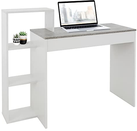 ML-Design Schreibtisch mit Regal, Arbeitstisch Bürotisch Computertisch PC Tisch, Weiß mit Tischplatte in Beton-Optik, 3 Einlegeböden, 110x72x40 cm, Holz, 2-in-1 System, für Zuhause/Arbeitszimmer