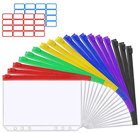 Vicloon A5 Binder Taschen, 18 Stück 6 Löcher Binder, mit 2 Beschriften | Transparente Budget Binder, Reißverschluss Loseblatt Ordner, für Notizbücher Dokumente Ringordner (6 Farben)