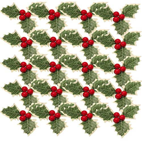 30pcs Christmas Artificial Holly Berries with Green Leaves for Christmas Wreath Arrangement Holly Cake Decorations Cake Toppers Xmas Party Decorations Artificial Red Berries Fruit Holly Berries