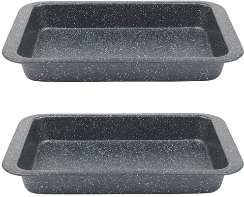 Salter COMBO-8262 Roasting Tray Set of 2, Non-Stick Carbon Steel Deep Roaster, Easy Clean, Strong & Durable Baking Pan, Long Lasting, PFOA-Free, Megastone Collection Oven Tin, Black/Silver, 37 cm
