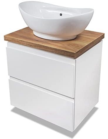VBChome Badmöbel 50 cm Weiß – Aufsatzwaschbecken mit Hahnloch (59x39 cm) – Waschbeckenunterschrank 2 Schubladen – Moderner Badezimmerschrank – Hängend – Platzsparendes Design