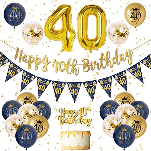 40. Geburtstag Dekoration für Männer - Blau Gold Girlande Banner, Navy Luftballons, Konfetti - Geburtstagsdeko Set