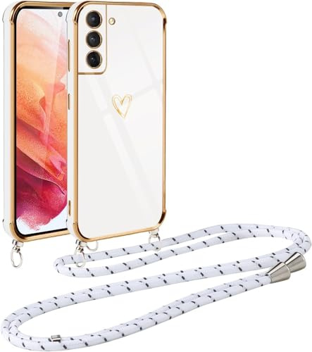 Vauki handyband für Samsung Galaxy S21 5G Hülle mit Band, Handyhülle mit Kette, Herz Motiv, Ultra Dünn Stoßfeste Aesthetic Case mit Kordel zum Umhängen für Samsung S21 5G 6.2 Zoll, Weiß