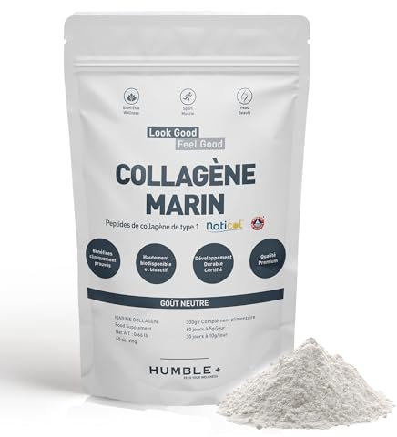Collagène Marin Naticol® en poudre - Sachet de 300g - Goût Neutre - Confort articulaire, Récupération musculaire et Beauté de la Peau - 60 doses à 5g/jour - Humble+ - Fabriqué en France