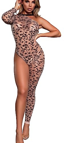 Lencería sexy para mujer, body de encaje con estampado de leopardo, body de una pieza, enterizo de una sola pieza, manga larga, elástico, babydoll bodycon, leotardo de red, ropa de noche para fiestas