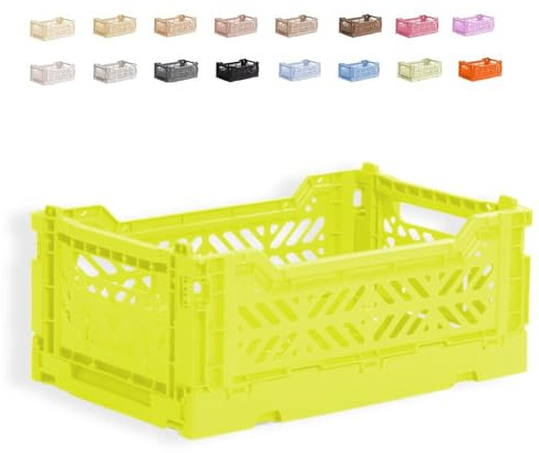 Ay-Kasa der originale faltbare Kunststoff-Aufbewahrungsbehälter, faltbarer Aufbewahrungskorb, stapelbare Kisten, stapelbare Aufbewahrungs Klappbox für Küche, Spielzeug und Büro (Mini, Neon Yellow)