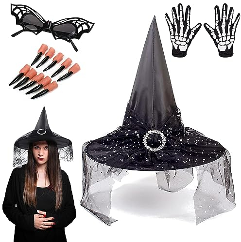 ACTOYS Hexe Hut Kostüm Set, Hexenhut Damen Schwarz, Halloween Zubehör, Hexenkostüm Zubehör, Erwachsene Kinder, Hexehut Deko, Maskerade-Cosplay