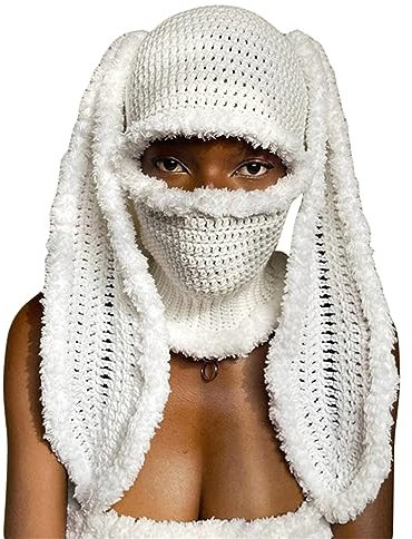 SANSIWU Frauen Strick Kaninchen Maske Cap Warme Balaclava Bunny Ohr Hut Winter Winddicht Skimaske Beanie Flauschige Kapuzenschal Cosplay Party Hut, A-weiß, Einheitsgröße