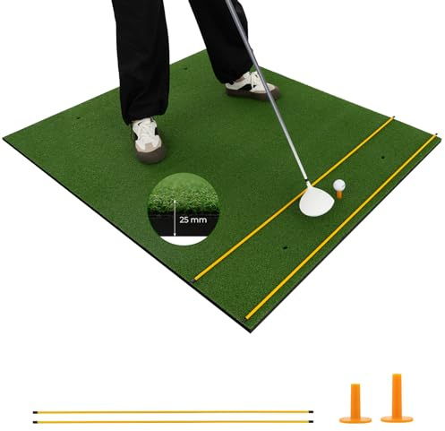 COSTWAY Tapis de Frappe de Golf 152 x 117 x 2,5 cm, Tapis d'Entraînement de Golf avec 2 Positions de Tee et 2 Bâtons d'Alignement 6 Trous de Tee Pré-percés, pour Intérieure/Extérieure